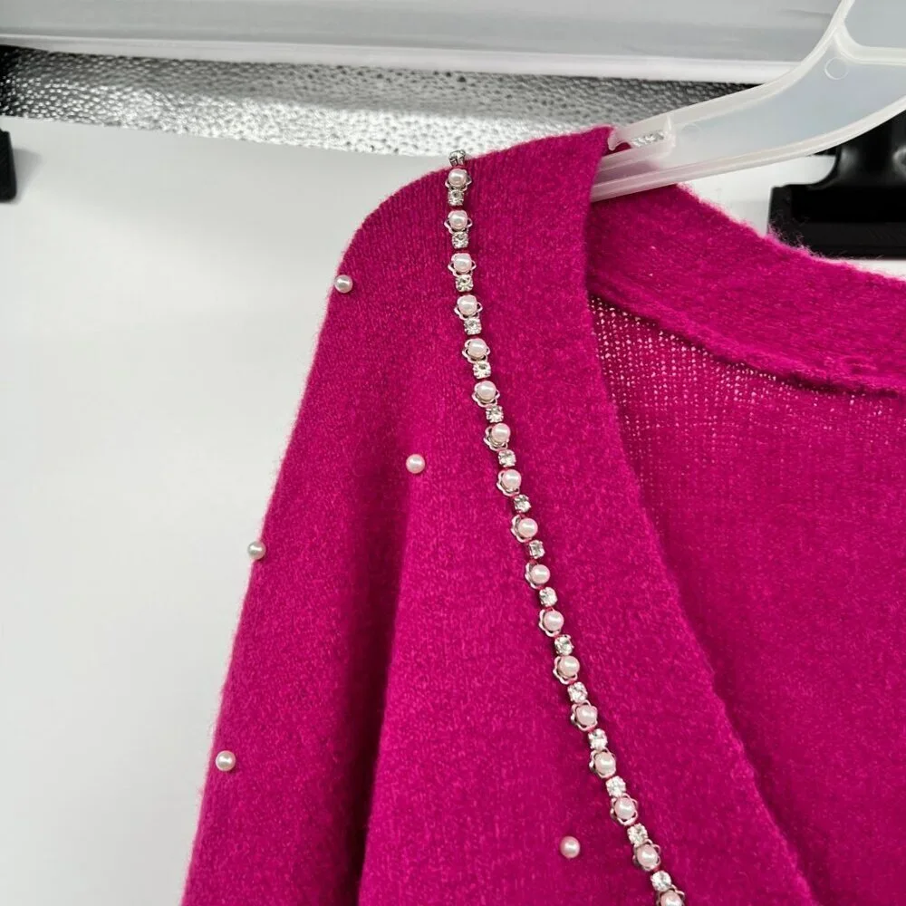 99 Jane Street Womens Knit Cardigan Pearls Button Up Fuchsia Size Small New